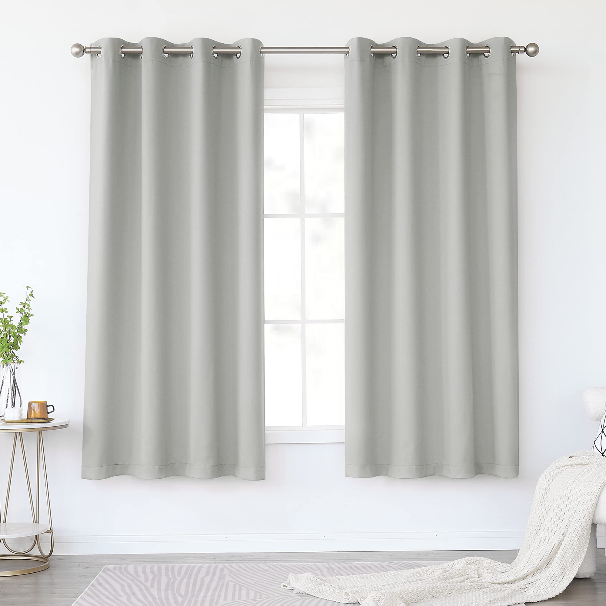 KEQIAOSUOCAI Light Gray Blackout Curtains 63 Inches Long for Living Room - Grommet Room Darkening Thermal Insulated Light Grey Curtain Drapes for Bedroom, Grey, 2 Panels Sets, 52W x 63L