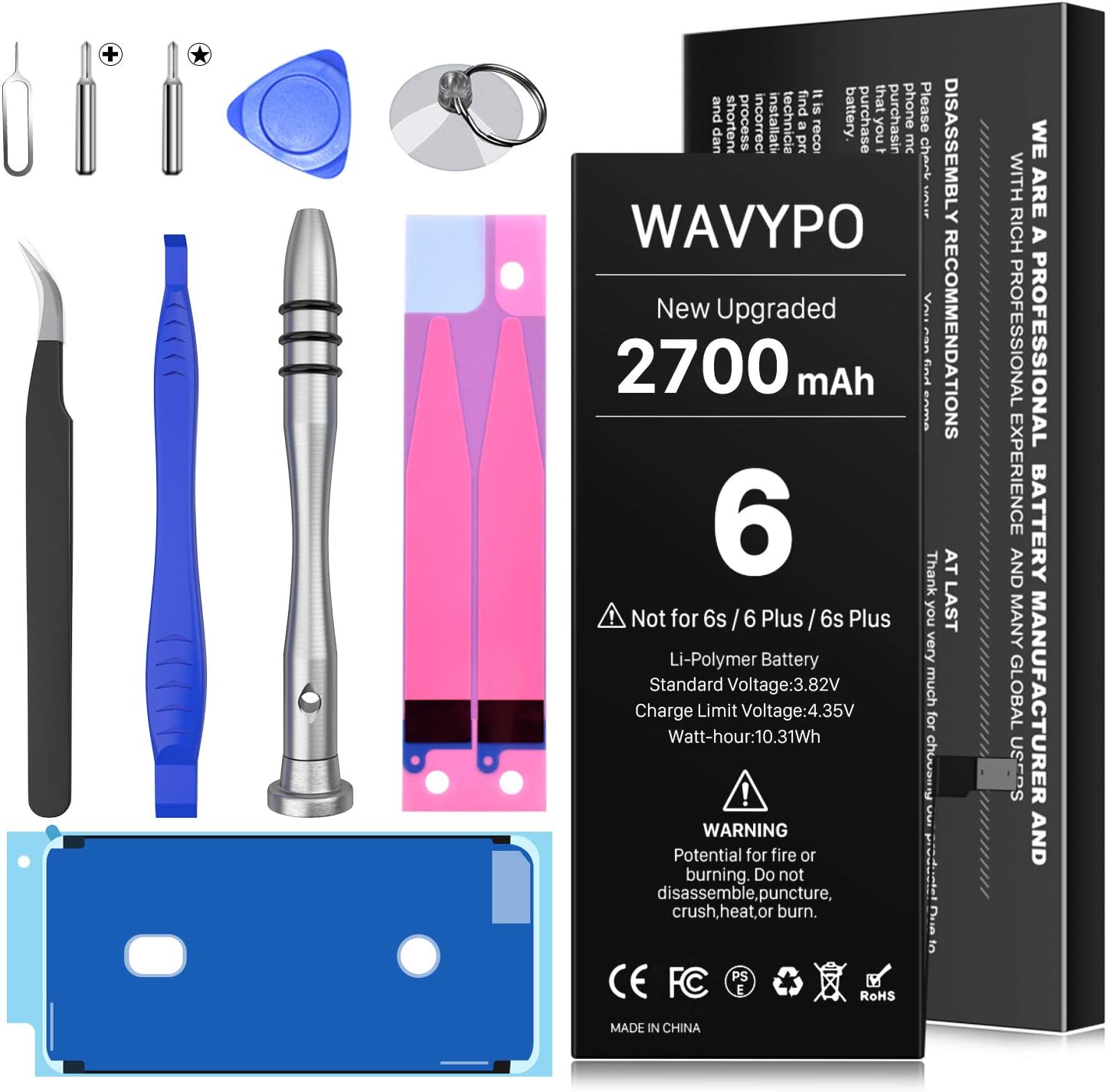 2700mAh Battery for iPhone 6, Upgraded Wavypo 2021 New Version High Capacity 0 Cycle Replacement Battery for iPhone 6 A1586 A1589 A1549 with Full Replacement Tool Kit Instruction