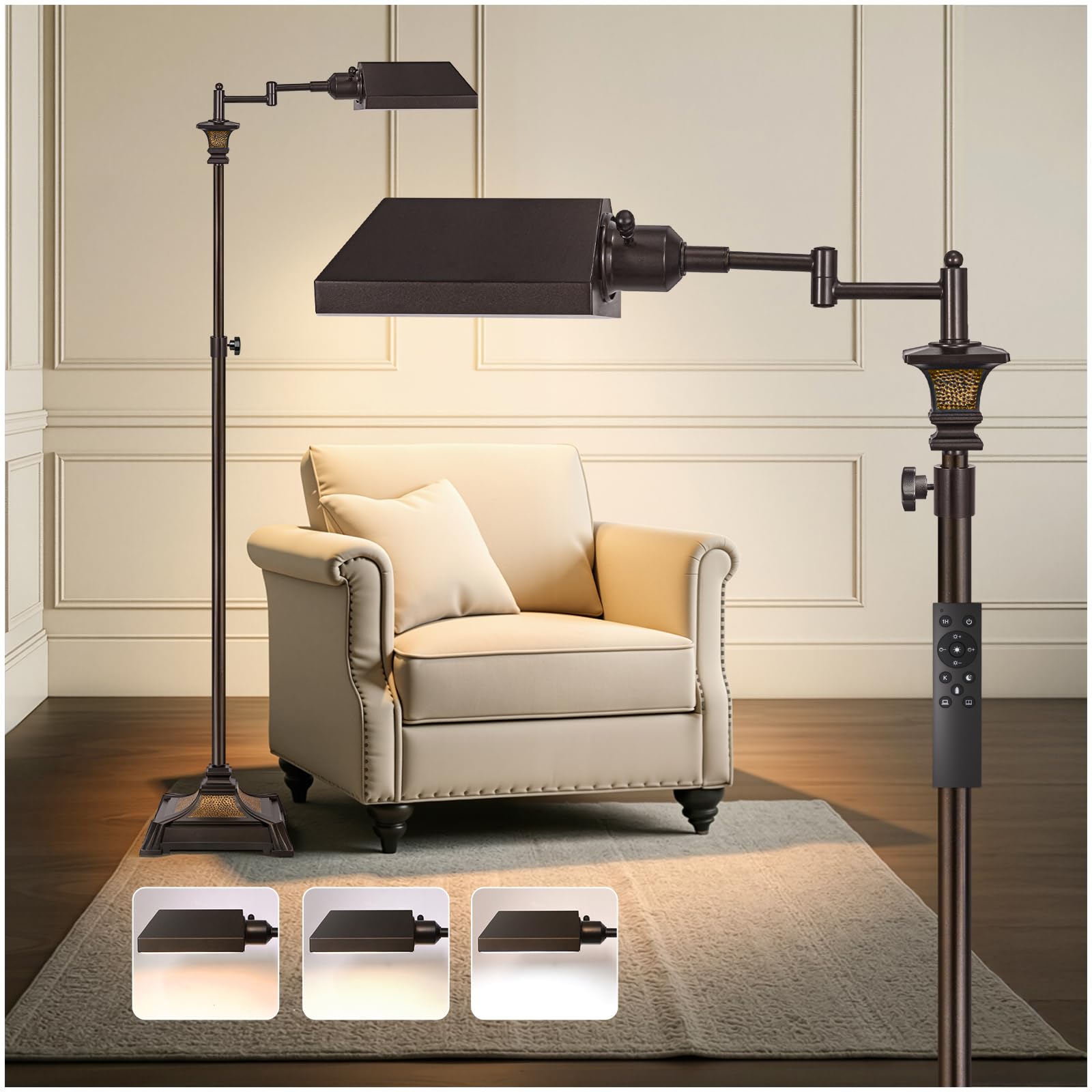Photo 1 of Scenekoy Adjustable Height Smart LED Floor Lamp for Living Room Bedroom, Remote Control Traditional 350º Swing Arm Standing Lamp with Swivel Metal Shade, Decor for Reading House Home Office