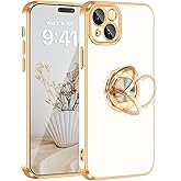 Fingic for iPhone 15 Case[with 360° Rotatable Ring Holder Stand][Support Magnetic Car Mount][Shiny Plating Gold] Slim Thin Soft TPU Shockproof Protective Case for iPhone 15 for Women Men Boys,White