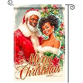 Nuxovilar winter garden flag - African American with Black Mrs.Stylish Santa Couple with Curly Hair - Holiday Yard for Patio, Farmhouse Lawn - Double Sided 12x18 Inch.