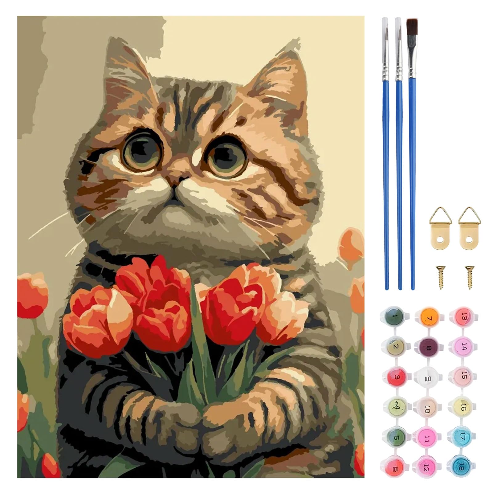 TLIOBLO Cat Paint by Numbers Kit for Adults, DIY Flowers Adults Painting by Numbers Kits on Canvas for Home Wall Decor Gift 30x40cm (Without Frame)