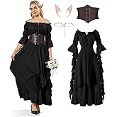 IEEILULU Women Renaissance Medieval Costume - Peasant Irish Victorian Gothic Off Shoulder Ruffle Fairy Maxi Dress 4 Pcs