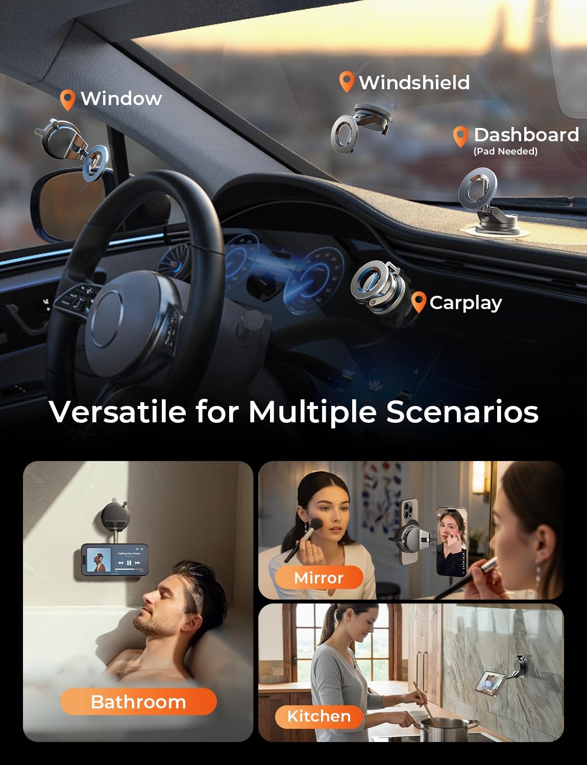 LISEN Vacuum Magnetic Phone Holder for Car, Magsafe Car Mount 360 Adjustable Vacuum Suction Cup, Phone Mount for Car Accessories/Windshield/Mirror/Kitchen/Gym for iPhone 17 Pro Max 16 15 14 13