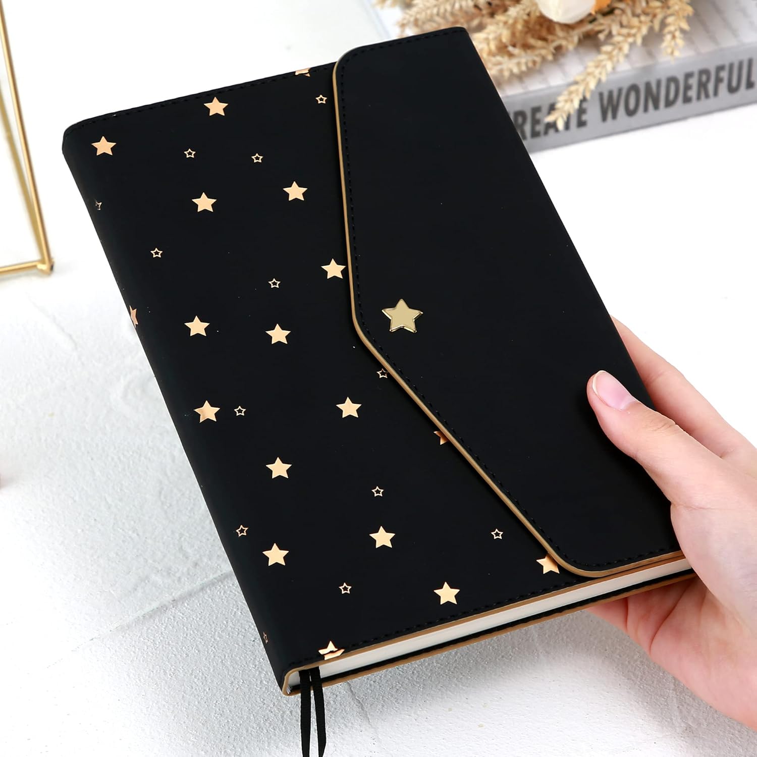 Star Journal for Women Leather Girl Journal Lined Teen Diary for Girls Magnetic Notebook Travel Diary Personal Organizer with Creative Envelope Style for Teenagers A5 5.9x8.5inch Black : Office Products