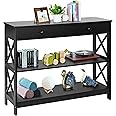 SUPER DEAL Narrow Console Table, 3 Tier Sofa Table with Drawer and Storage Shelves, 39.5 Inch Wood Side Table for Entryway, Hallway, Living Room, Bedroom, Stable X Frame Design, Black