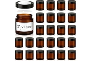 TECOHOUSE 4 oz Glass Jars with Lids, 24 Pack Amber Small Glass Jars with Black Lids Leakproof Round Airtight Empty Cosmetic Travel Containers with Inner Liners For Lotions Powders and Candle Making