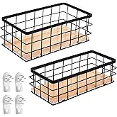 hidyuuoo 2 Pack Black Metal Wire Storage Baskets with Wood Bottoms, Bathroom Storage Organizer Basket Bins, Includes 2 Bonus Adhesive Hooks for Easy Wall Mounting