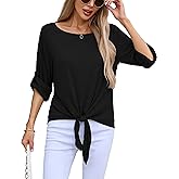 SUEANI Womens Roll Up Long Sleeve Tops Boat Neck Casual Tie Front Fall Tops Stretchy Basic Tee Pullover Shirts