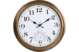 QWARVEL 16 Inch Large Outdoor Clock, Retro Waterproof Indoor/Outdoor Clock Non-Ticking Clock with Thermometer, Battery Operated Wall Clock for Patio, Garden, Pool - Bronze