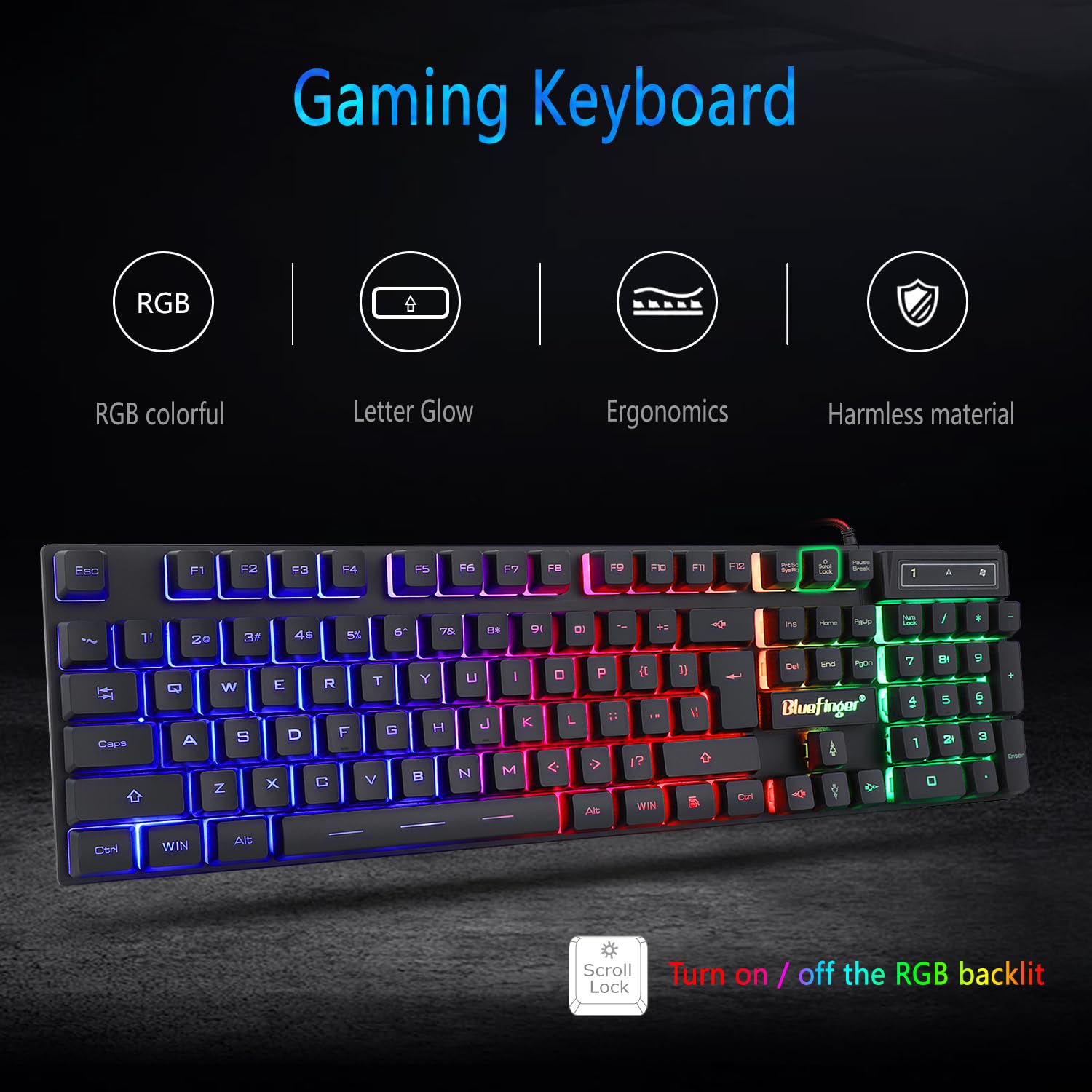 BlueFinger RGB Gaming Keyboard and Backlit Mouse Combo, USB Wired, LED Gaming Set for Laptop PC Computer Game and Work