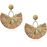 Anmpab Straw Fan Bohemian Tassel Earrings for Women Trendy Colorful Fringe Summer Beach Statement Earrings