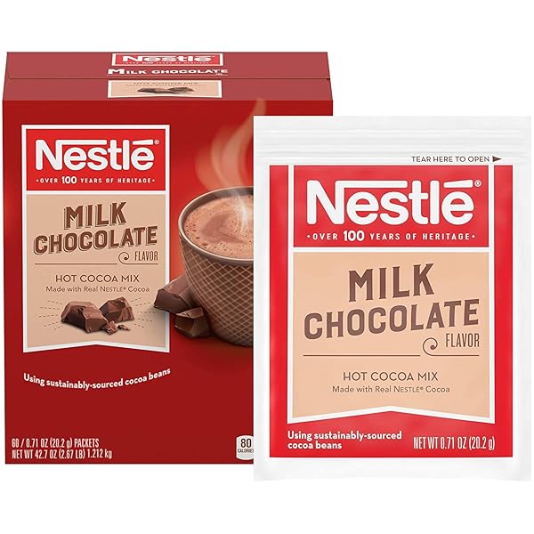 NESTLE HOT CHOCOLATE PACKETS, MILK CHOCOLATE FLAVOR HOT COCOA MIX, MADE WITH REAL COCOA, 0.71 OZ SACHETS, BULK PACK (60 COUNT)