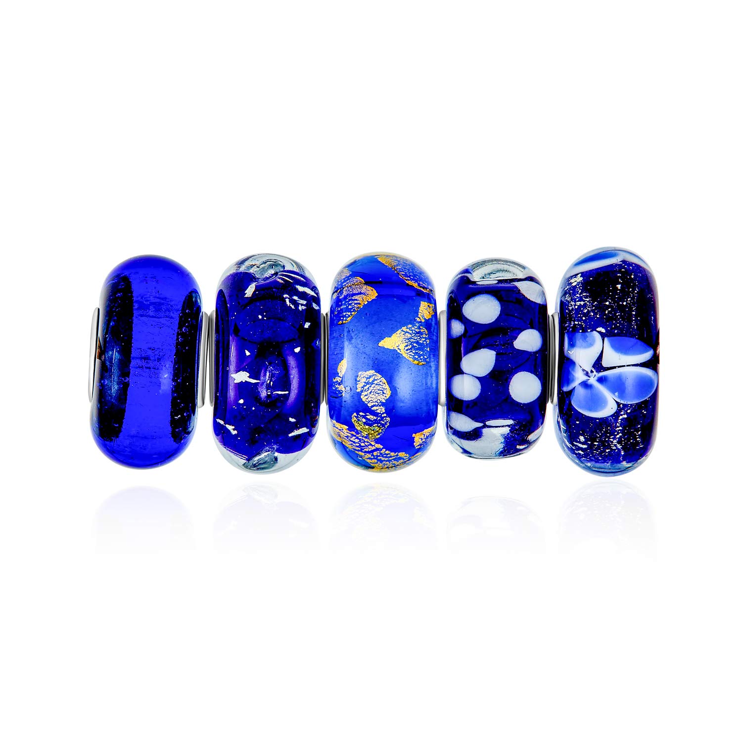 Bling Jewelry Assorted Mixed Set Of 5 Bundle Translucent Shades Of Black Blue Navy Silver Gold Foil Murano Swirl Charm Bead Spacer For Women Teen .925 Sterling Silver Core Fits European Bracelet