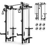 Mikolo Folding Squat Rack, Wall Mounted Power Rack with Cable Crossover Machine &amp; LAT Pull Down, Functional Trainer with 5 Adjustable Function Modes, Home Gym Package