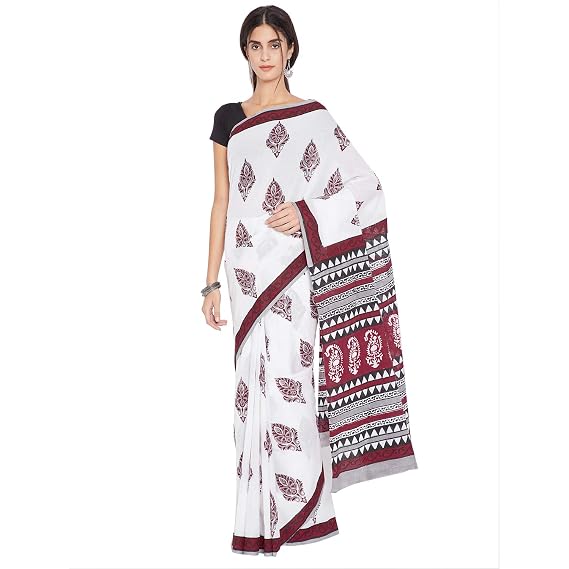 Finest Quality Cotton - Handblock printed Red and White - Mughal motifs Saree with Blouse Piece BHKPSA0017