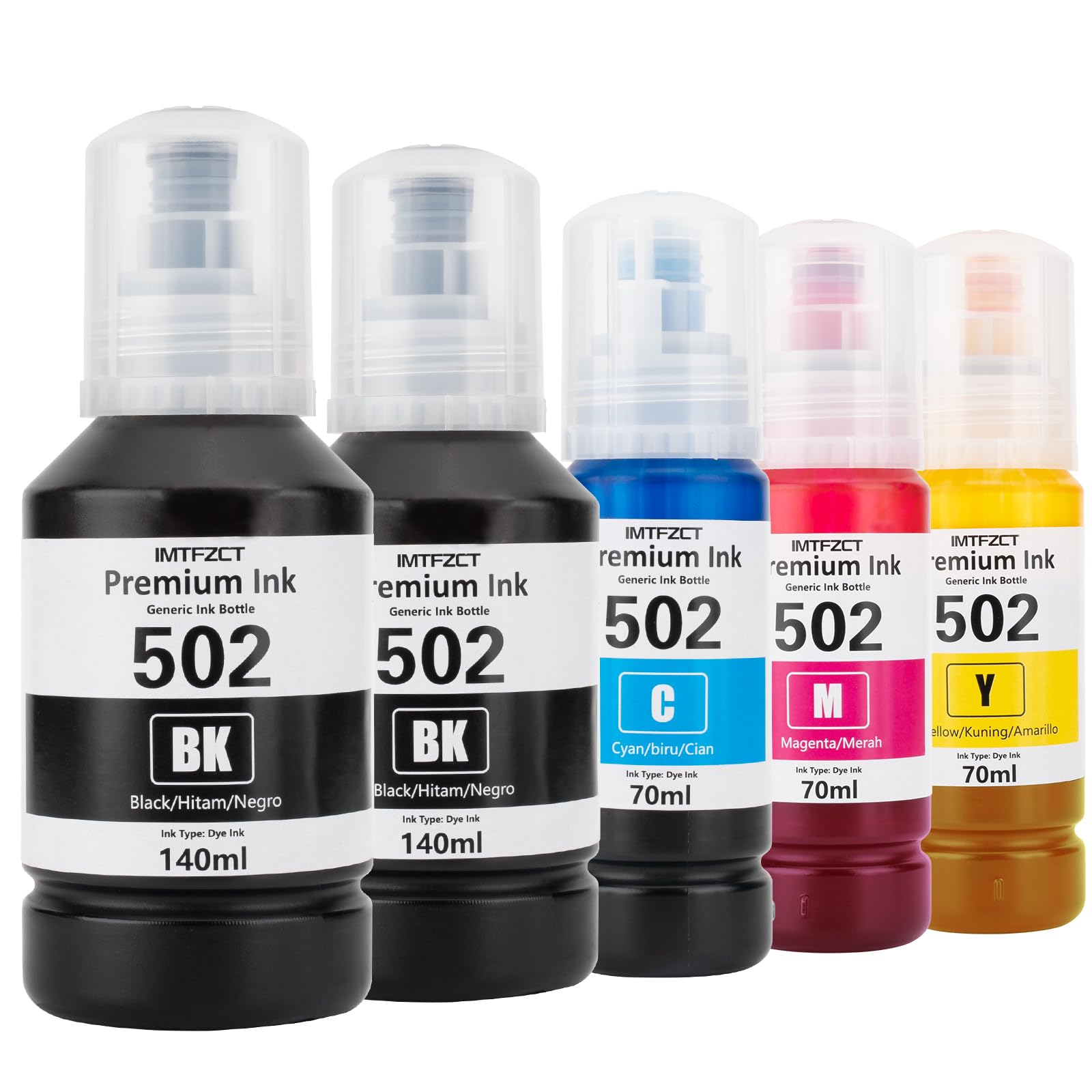 502 Ink Refill Bottles - Compatible With ET Series EcoTank Printers - 5 Bottle Set (Black + Colors)