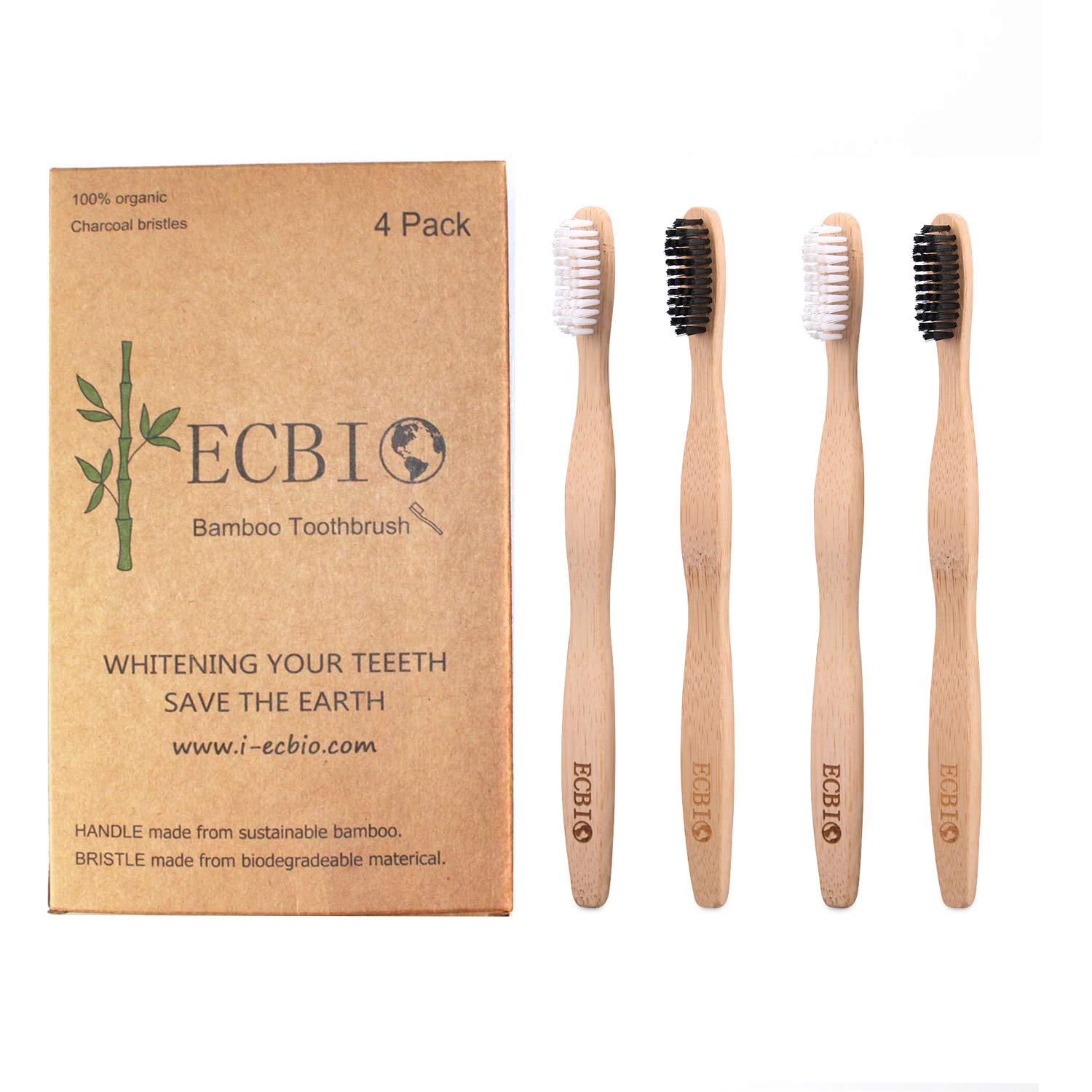 ECBIO Biodegradable Eco-Friendly Natural Bamboo Toothbrush Standard Nylon Bristles (Set of 4 White Black)