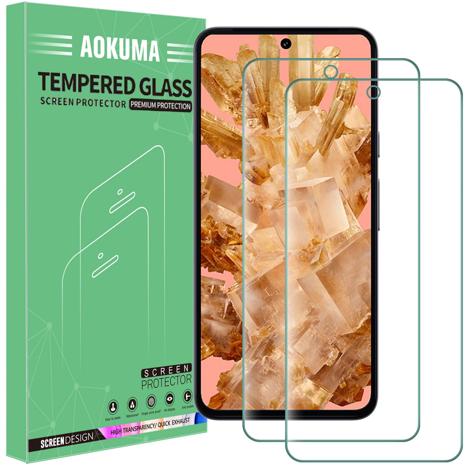 AOKUMA Tempered Glass for Google Pixel 8 Screen Protector, [2 Pack] Premium Quality Guard Film, Case Friendly, Shatterproof, Shockproof, Scratchproof, Oilproof