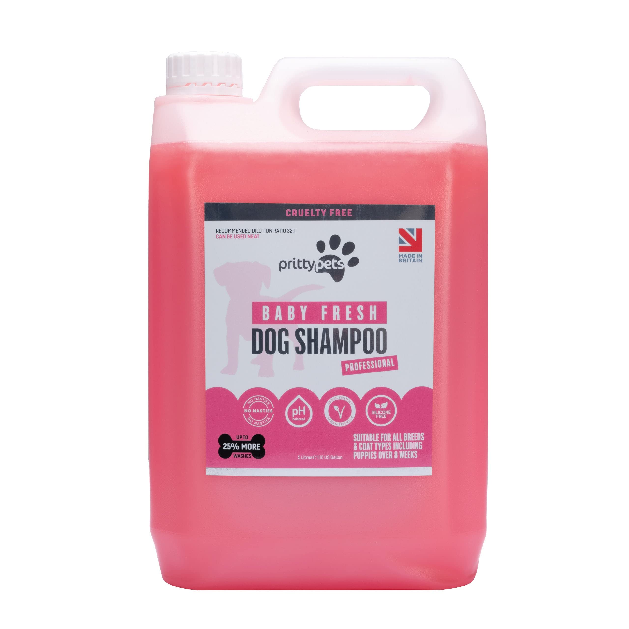 Baby Powder Dog Shampoo PRITTY PETS 5 LITRE Baby Fresh Dog Shampoo for Smelly Dogs - Professional PH Balanced, Cruelty Free, Vegan & Puppy Friendly Dog Grooming Shampoo - Made in the UK (5L)