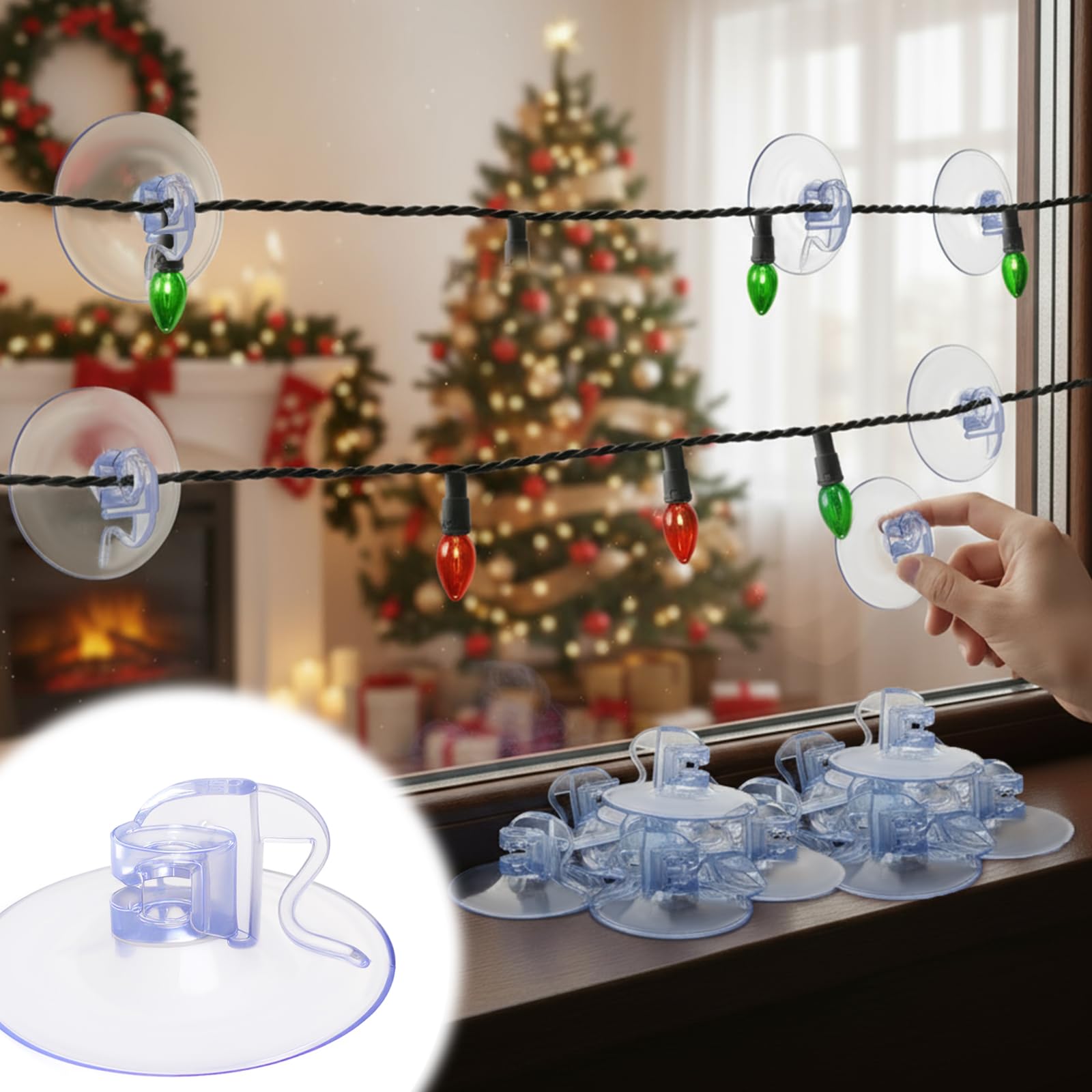 Photo 1 of 100pcs Christmas Light Suction Cups for Hang String, Small Suction Cup Clips Holders Clear Plastic 1.5 Lights Hooks for Window Glass Home Bathroom Kitchen Christmas Decoration - No Tools Required