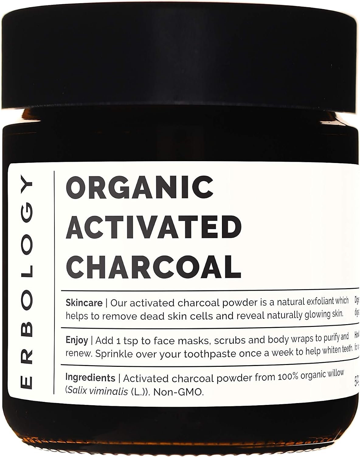 Erbology Activated Charcoal Powder 50g, Teeth Whitening, Add to Face Masks, Toothpaste and Body Wraps for Natural Exfoliation