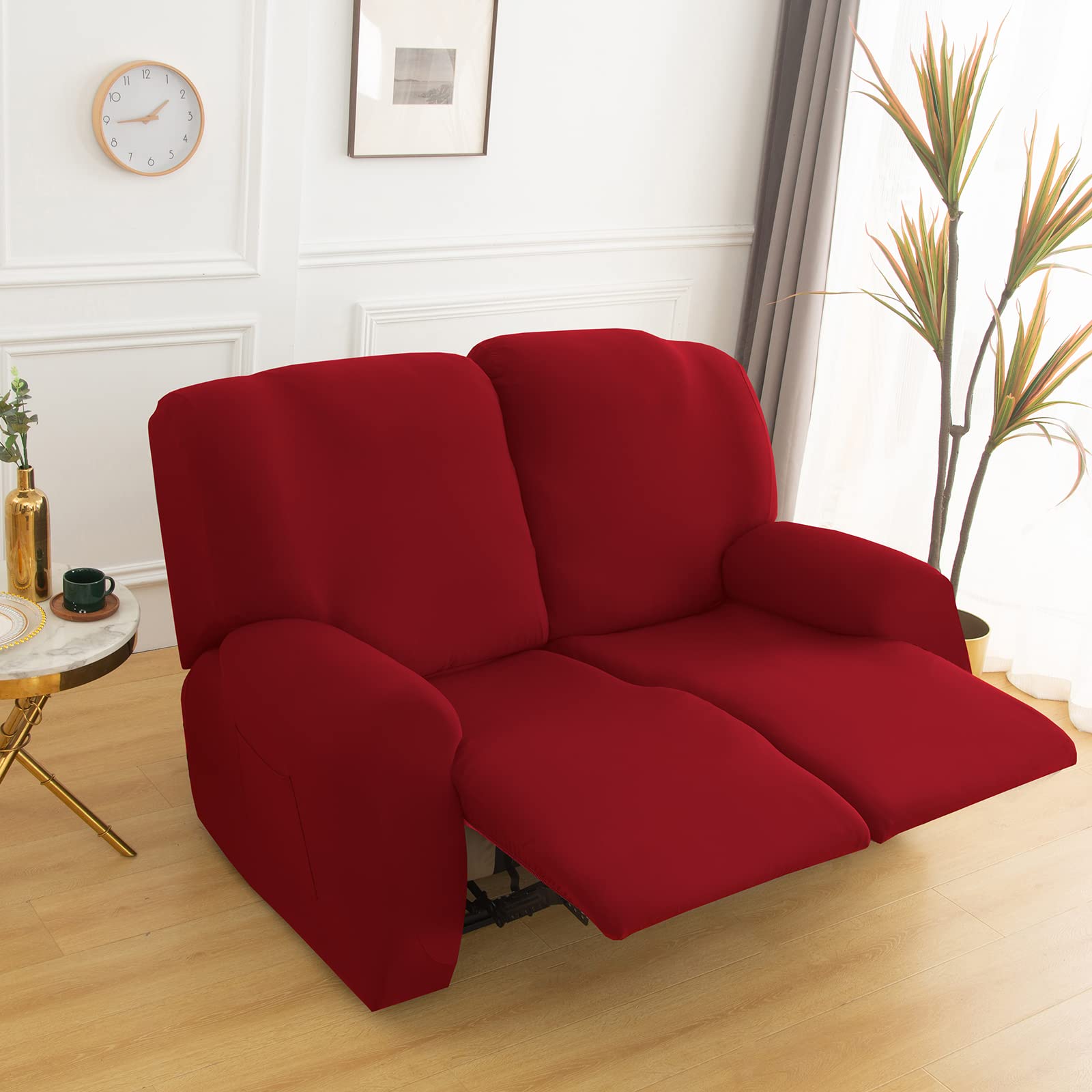 Qelus Stretch Recliner Chair Cover,6-Pieces Sofa Cover Slipcover Couch Covers,Armchair Cover Non-Slip Furniture Protector,Elastic Spandex Soft Recliner Chair Protector with Side Pocket(2 Seater Red)