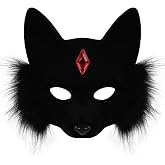 HAOAN Therian Fox Cat Half Face Mask Faux Fur Animal with Gems Costume Props for Halloween Christmas Cosplay