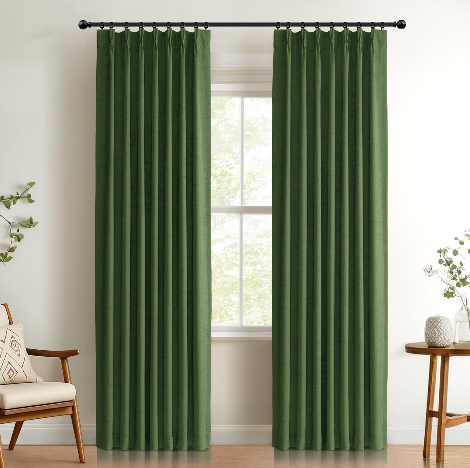 Photo 1 of 100% Blackout Shield Linen Look Textured Pinch Pleated Curtains Blackout Drapes 96 Inch Long 2 Panels Set, Faux Linen Blackout Curtains for Bedroom & Living Room, 40" W x 96" L, Moss Green