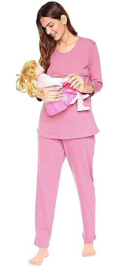 Women's Cotton Orchid & Navy Blue Feeding Night Suit Geometric Print Nursing Night Suit