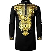 LucMatton Men's African Traditional Dashiki Luxury Metallic Gold Printed Mid Long Shirt
