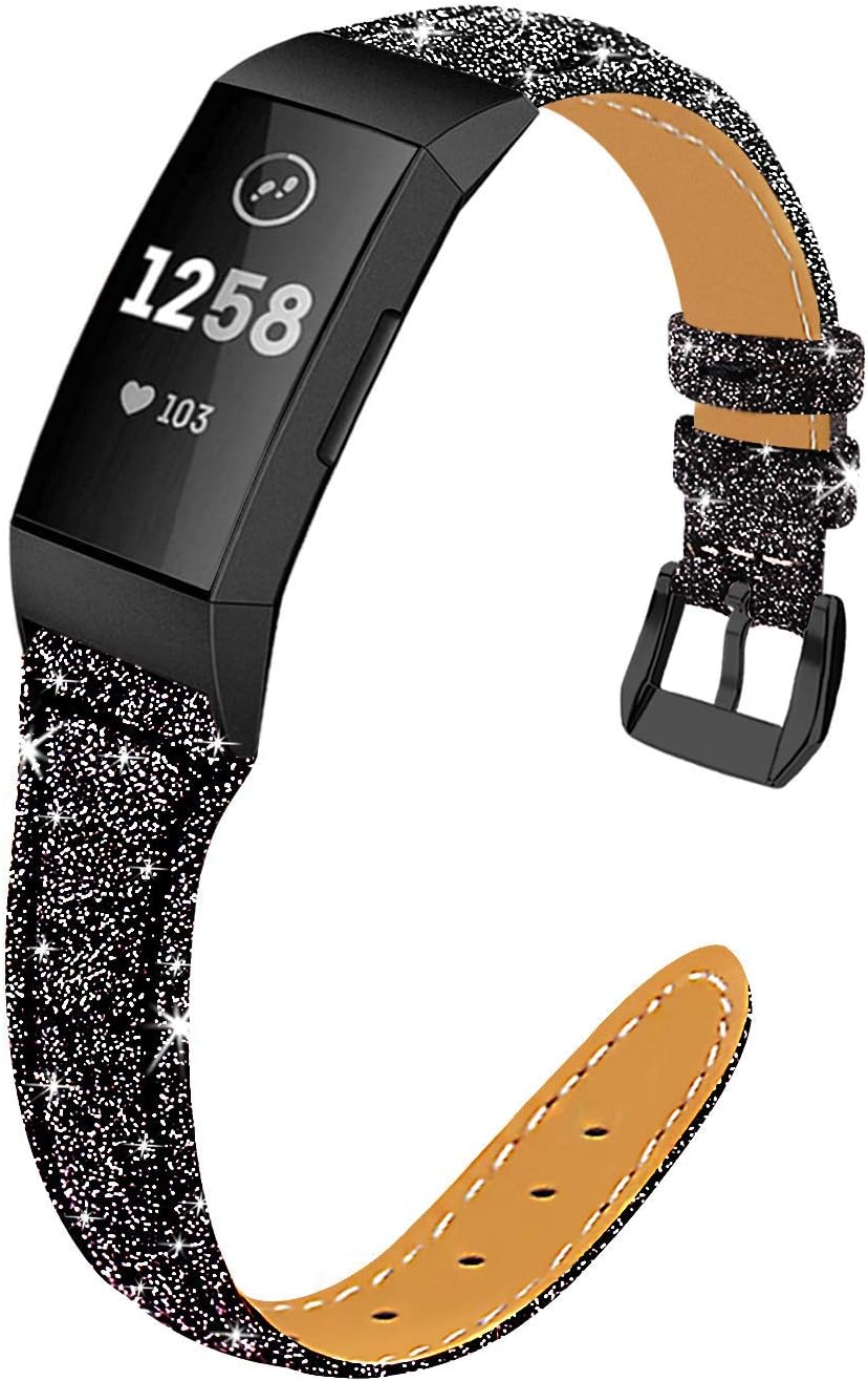 Mornex Leather Band Compatible with Fitbit Charge 4 and Charge 3 Smart Watch Wristband for Women and men (Black bling and black connector)