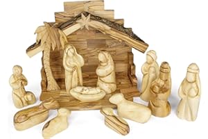 TREE OF LIFE REV. 22:14 Olive Wood Nativity Set from Bethlehem - Intricately Hand Carved Wooden Nativity Set from the Holy Land with Small Bark Roof Stable, Manger & Figurines - Wood Nativity Scene Indoor Use for Christmas