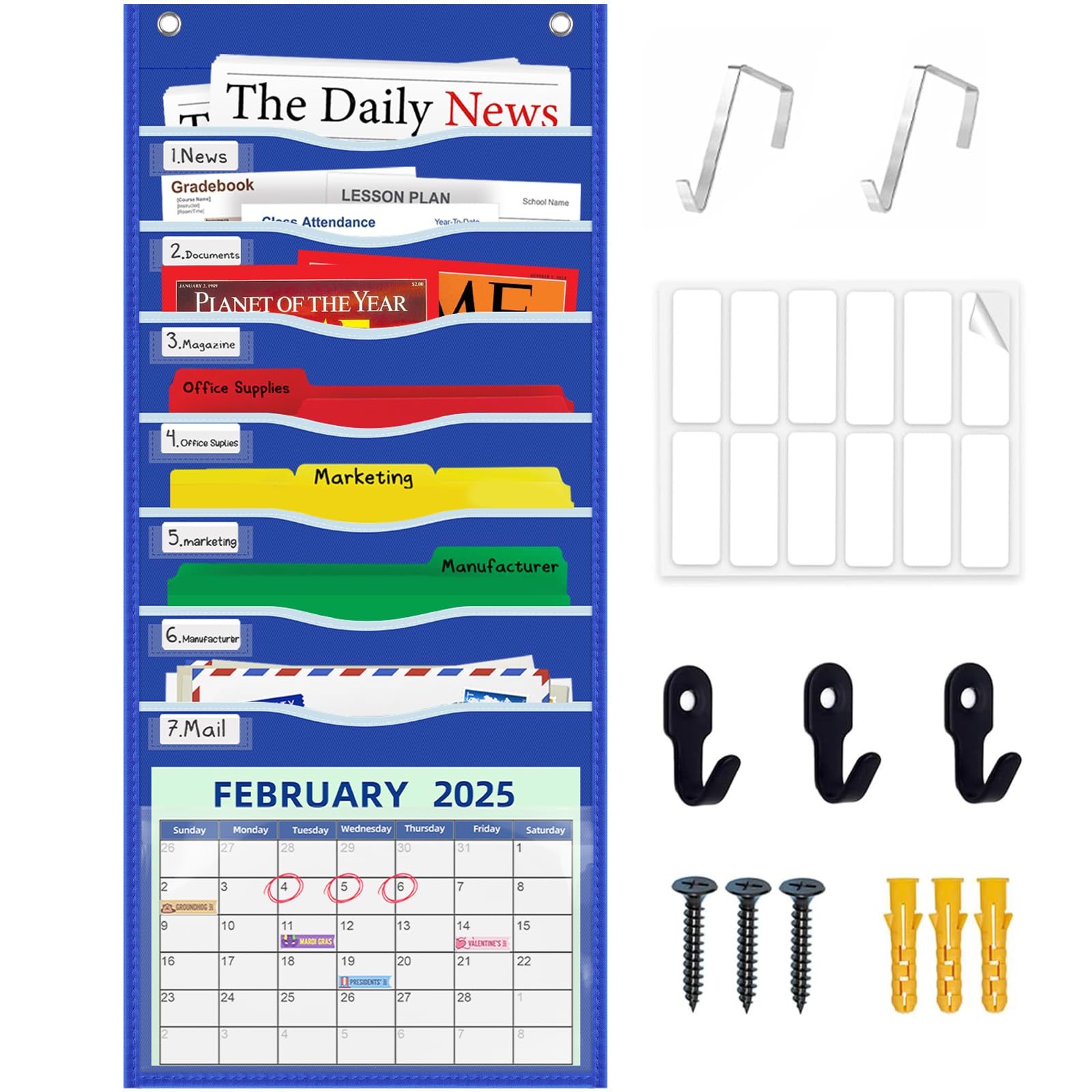 Photo 1 of ALSLEA 15" Extra Wide Hanging File Organizer with 8 Pockets - Heavy Duty Classroom Pocket Chart, Wall Mounted Document Organizer with Writable Clear Pocket, 5 Wall/ Door Hooks & 12 Labels (Blue)