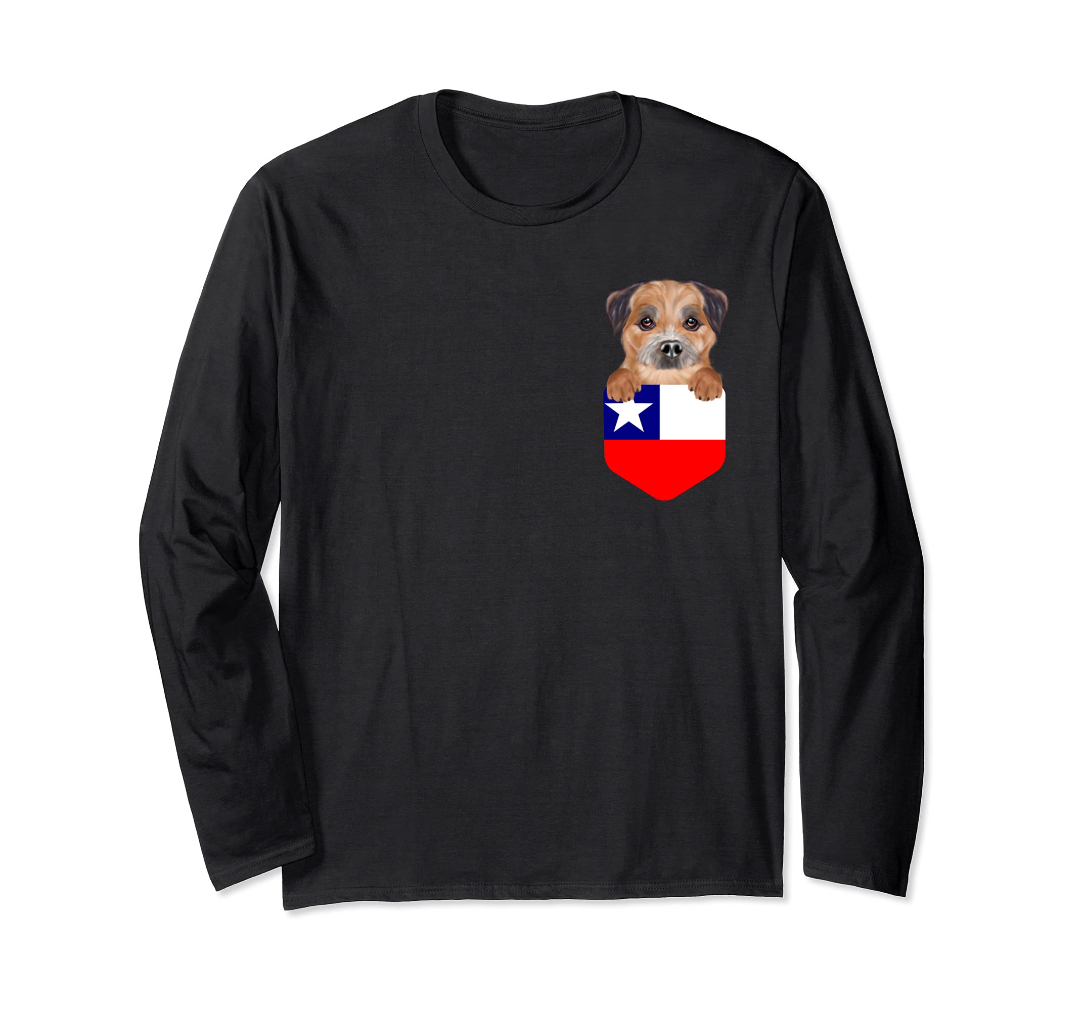 Chile Flag Border Terrier Dog In Pocket Long Sleeve T-Shirt