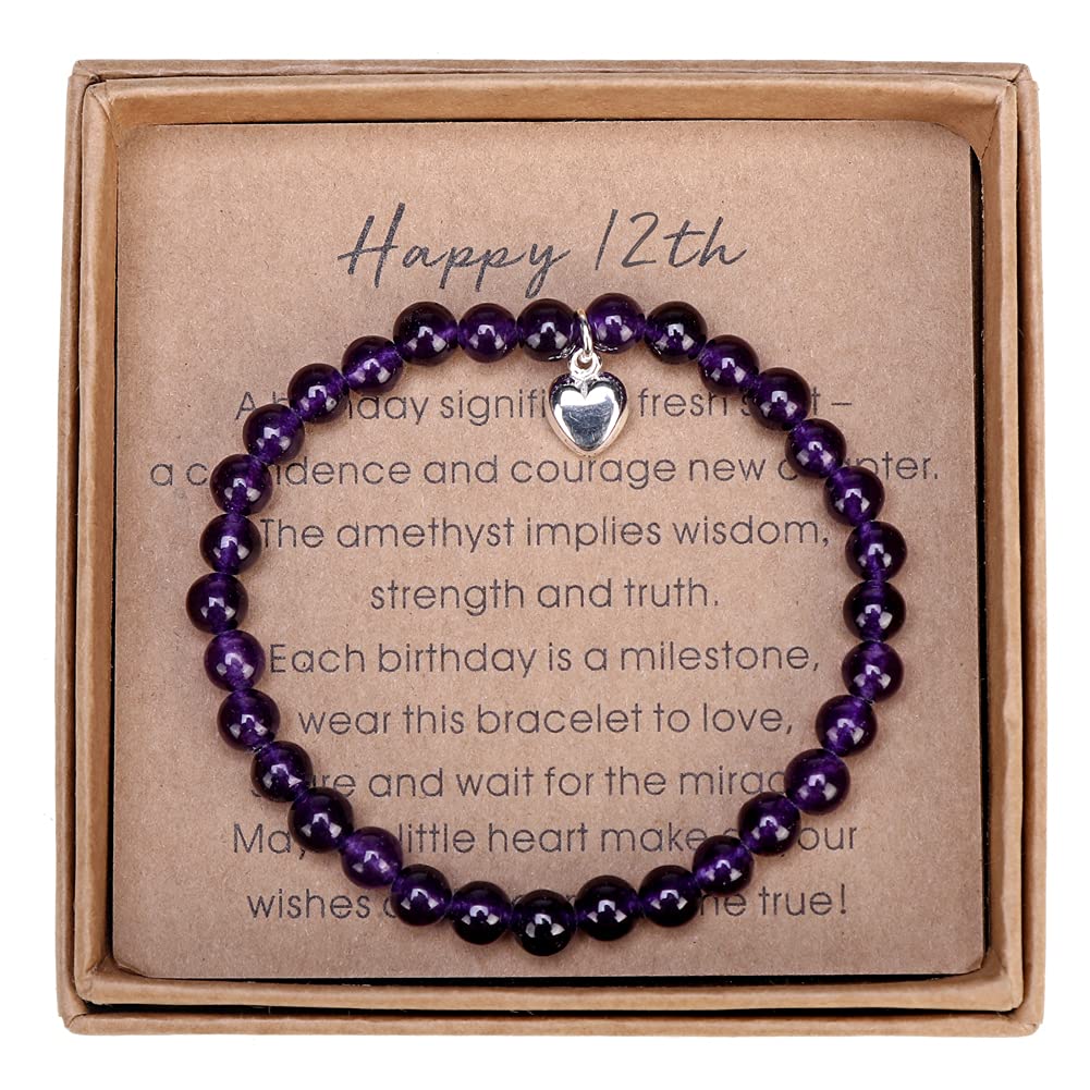 Giuesytic 12 Year Old Girl Gifts for Birthday Amethyst Bead Bracelet with Sterling Silver Heart Charm Happy 12th Birthday Gifts for Girls with Card and Gift Box