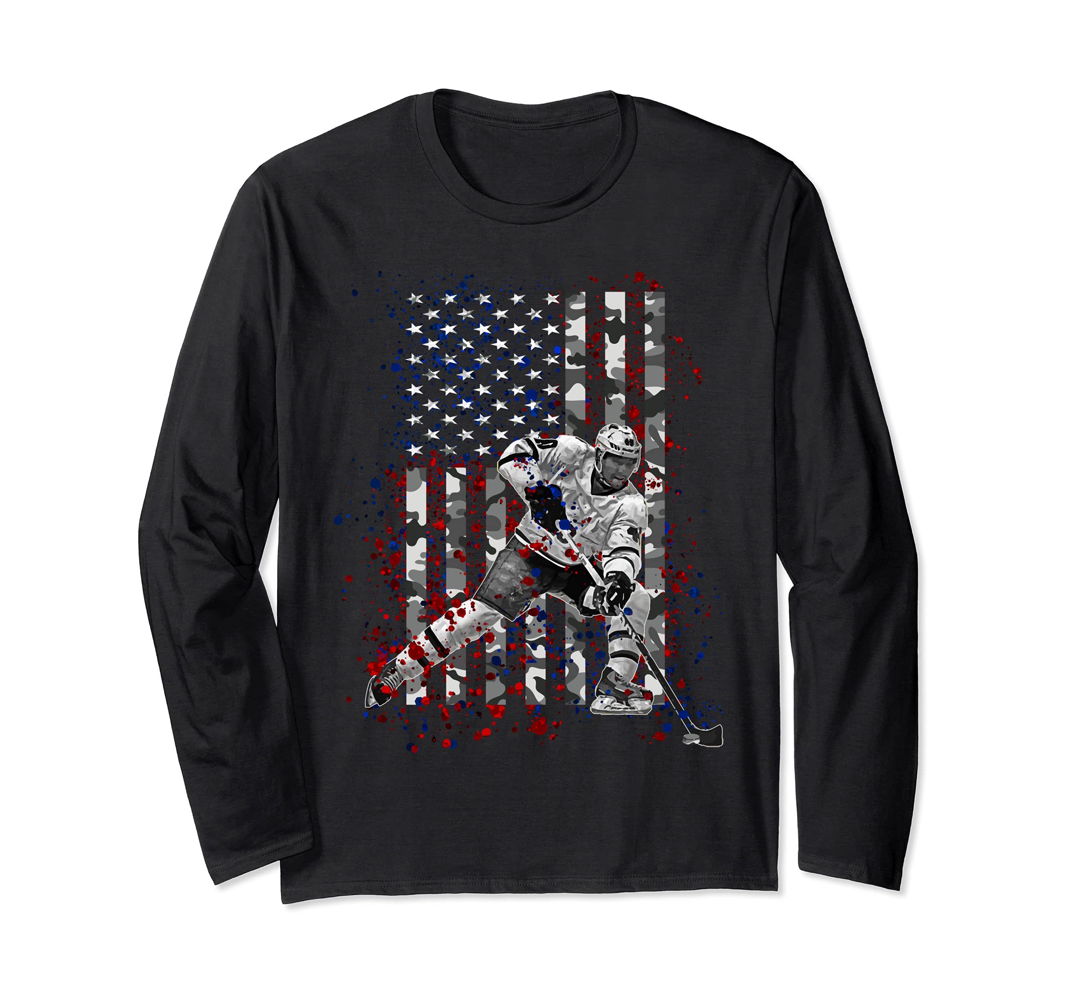 Ice Hockey Camo American Flag Patriotic 4th of July Gifts Long Sleeve T-Shirt