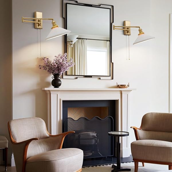 MAGIROZ WALL SCONCES SET OF 2 BRUSHED GOLD WALL MOUNTED SWING ARM LIGHT FIXTURE RETRO INDUSTRIAL HARDWIRED WALL LAMPS WITH PULL CHAIN BATHROOM VANITY SCONCES WALL LIGHTING INDOOR WALL LIGHTS MWL14A-2