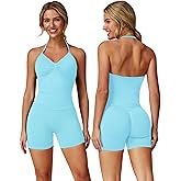 ABOCIW Workout Sets for Women 2 Piece Seamless Impact Longline Strappy Top Scrunch Butt High Waist Biker Shorts Gym Set
