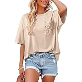 Dokotoo Womens Tops Cute Lace Summer Short Sleeves Oversized Casual T Shirts Lace Pockets