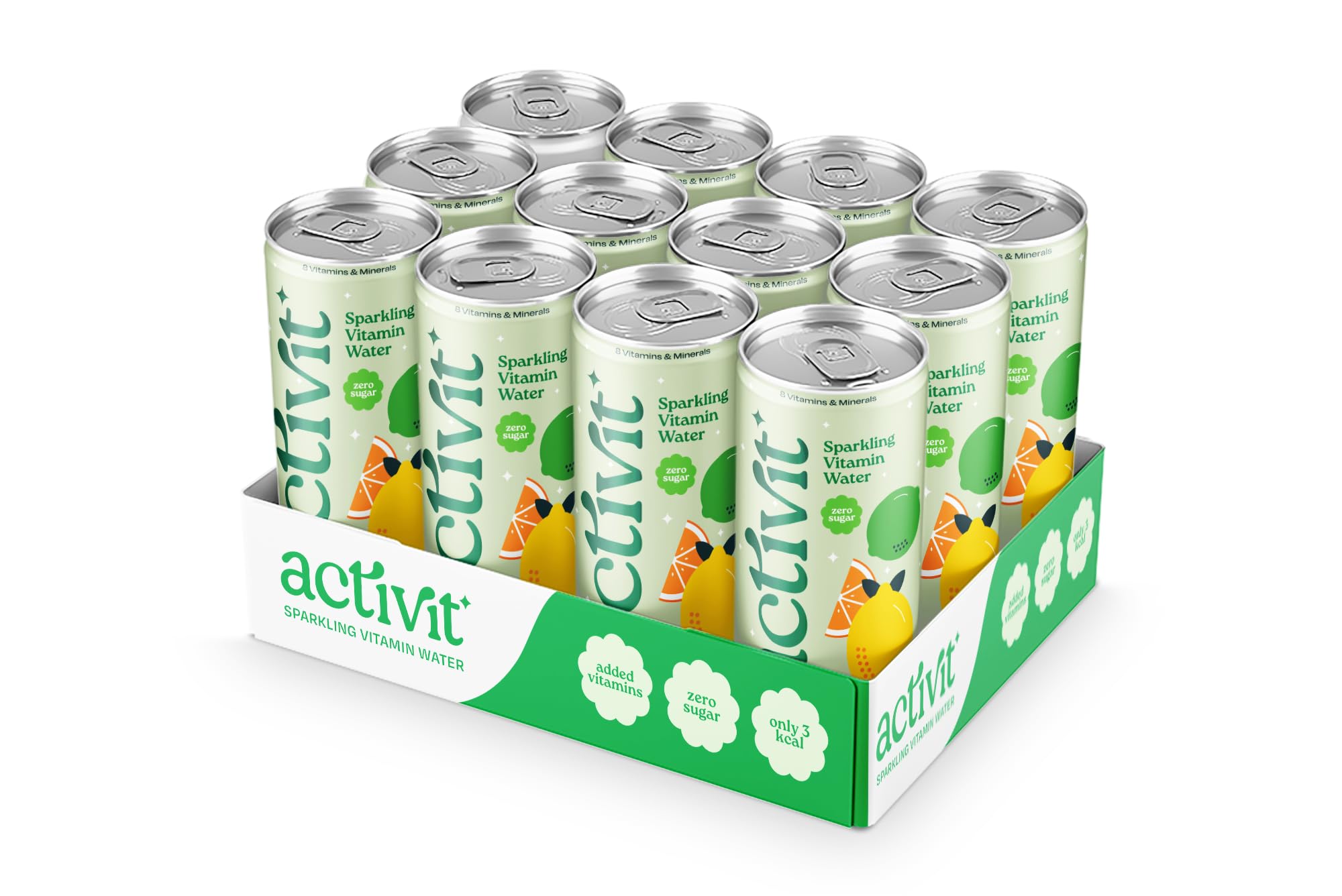 Activit Sparkling Flavoured Vitamin Water Lemon & Lime with B Vitamins B5, B6, B9, B12, Vitamin C, Vitamin D, Zinc & Magnesium Zero Sugar 12x 330ml Cans