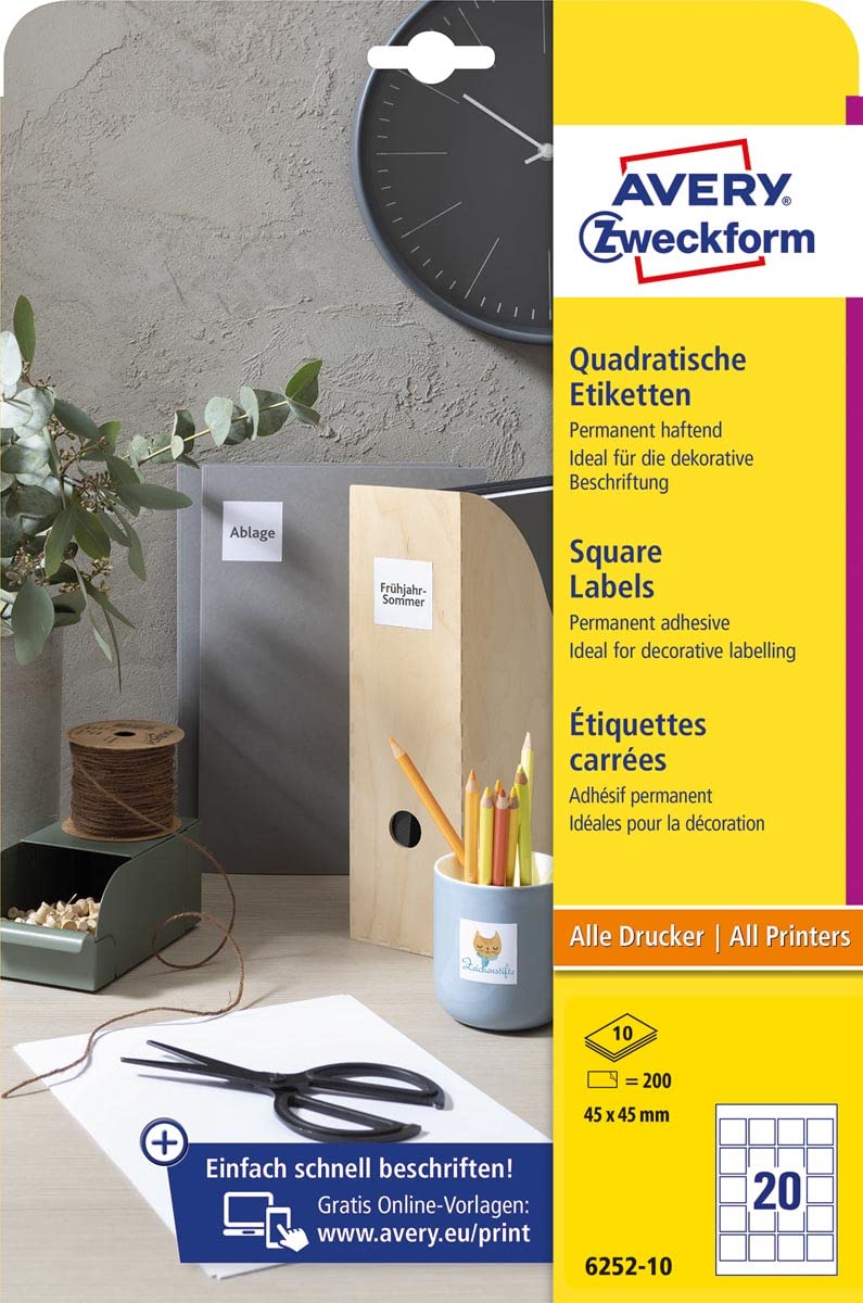 AVERY Zweckform 6252-10 Square Labels (200 Adhesive Labels, 45 x 45 mm on A4, QR Code Stickers for Printing, Self-Adhesive, Permanent Adhesive QR Code Labels) 10 Sheets, White
