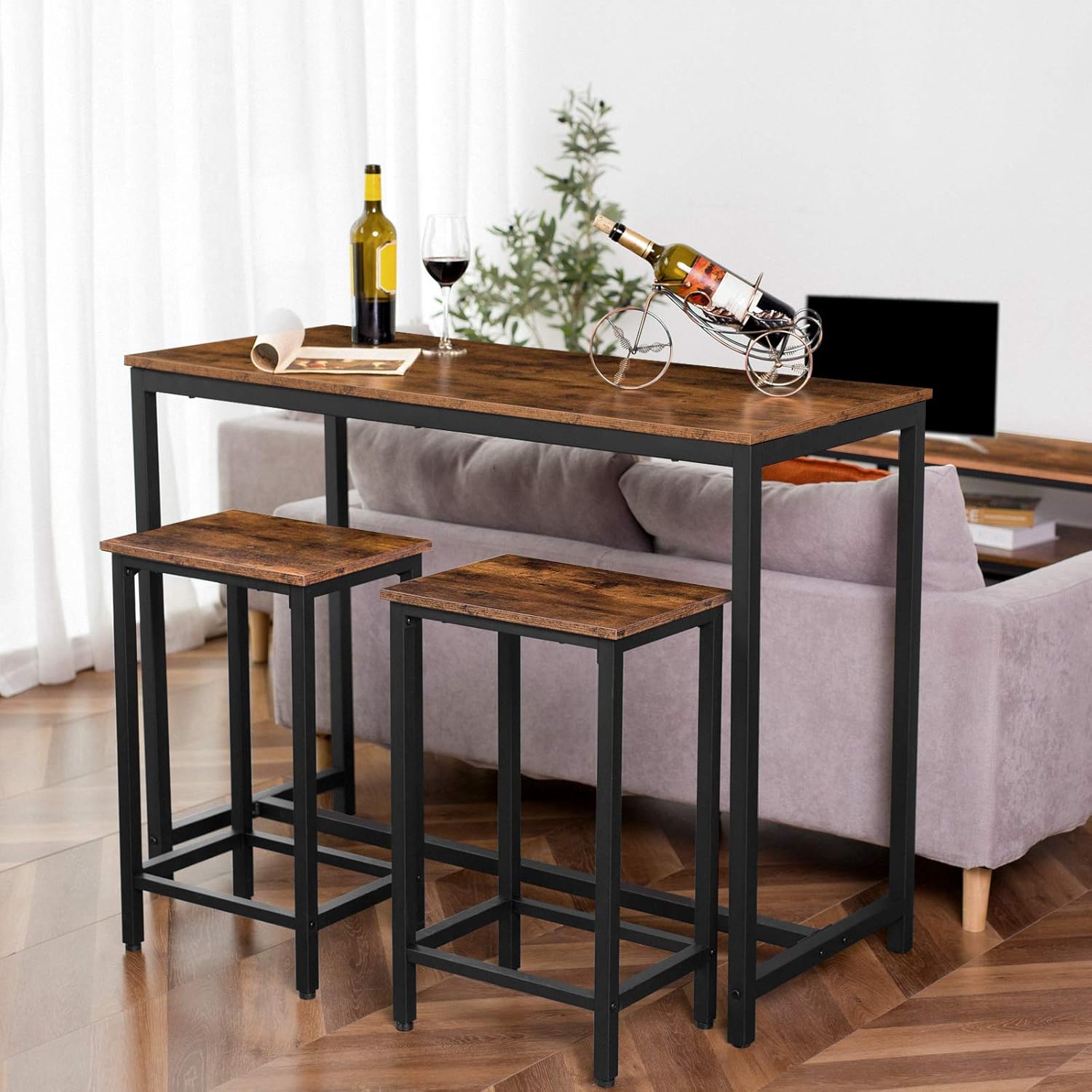 HOOBRO Bar Table, 47.2” Rectangular Pub Table, Dining Table for Living Room, Dining Room, Kitchen, Adjustable Feet, Sturdy Metal Frame, Industrial Design, Easy Assembly, Rustic Brown BF50BT01: Home & Kitchen