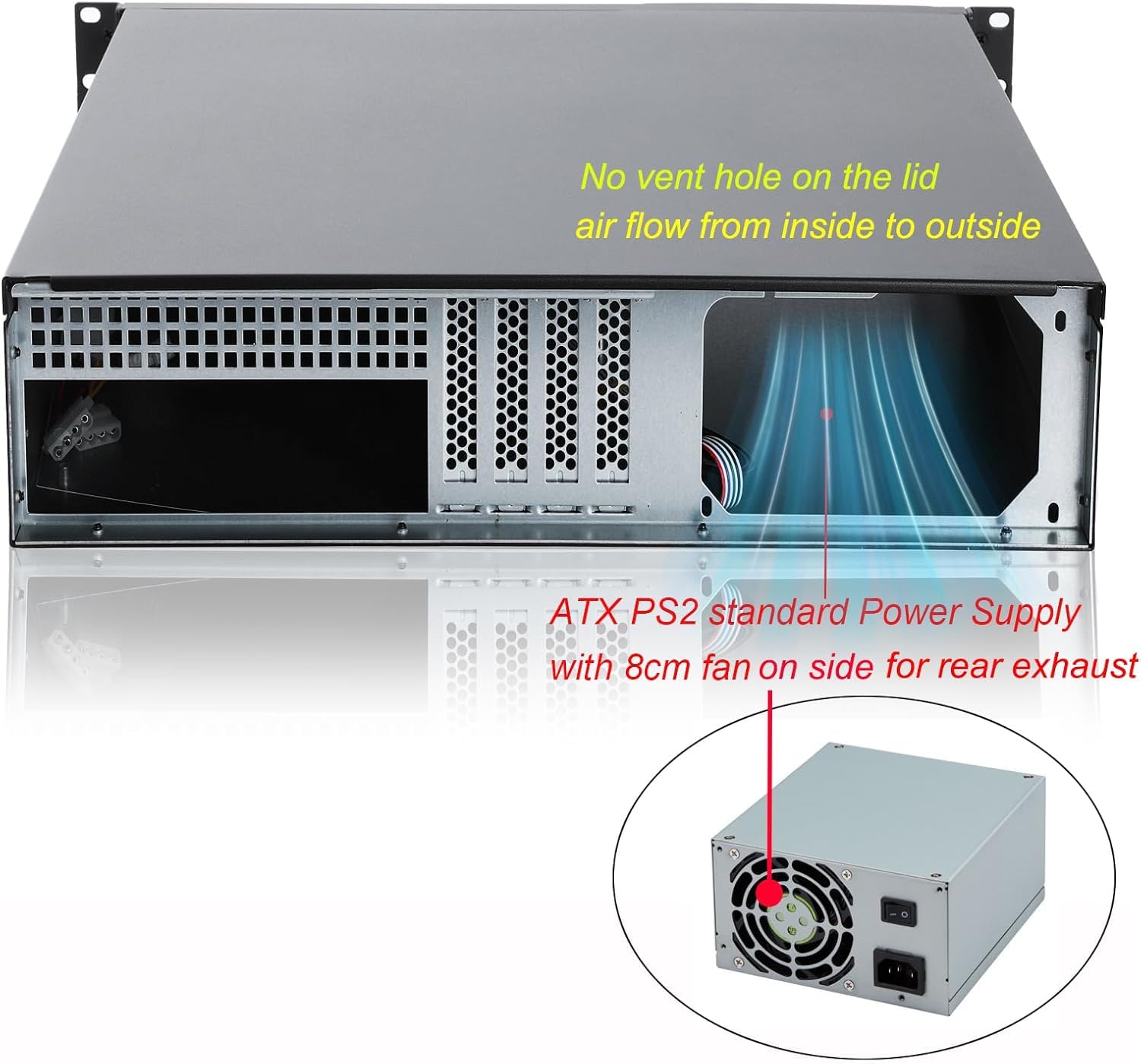 RackChoice 2U Micro ATX Compact Rackmount 2 x 5.25 Chassis Support ATX PC PS2 PSU with Side 80mm Fan