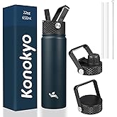 Konokyo 22oz Stainless Steel Bottles with 3 Lids Sport Insulated Water Bottle,Navy Blue