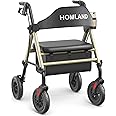 HOMLAND Walkers for Seniors with Seat, Foldable Rollator Walker, Reinforced Aluminum Frame, 8" Big Rubber Wheels for All Terrain, Height Adjustable Lightweight Rolling Walker