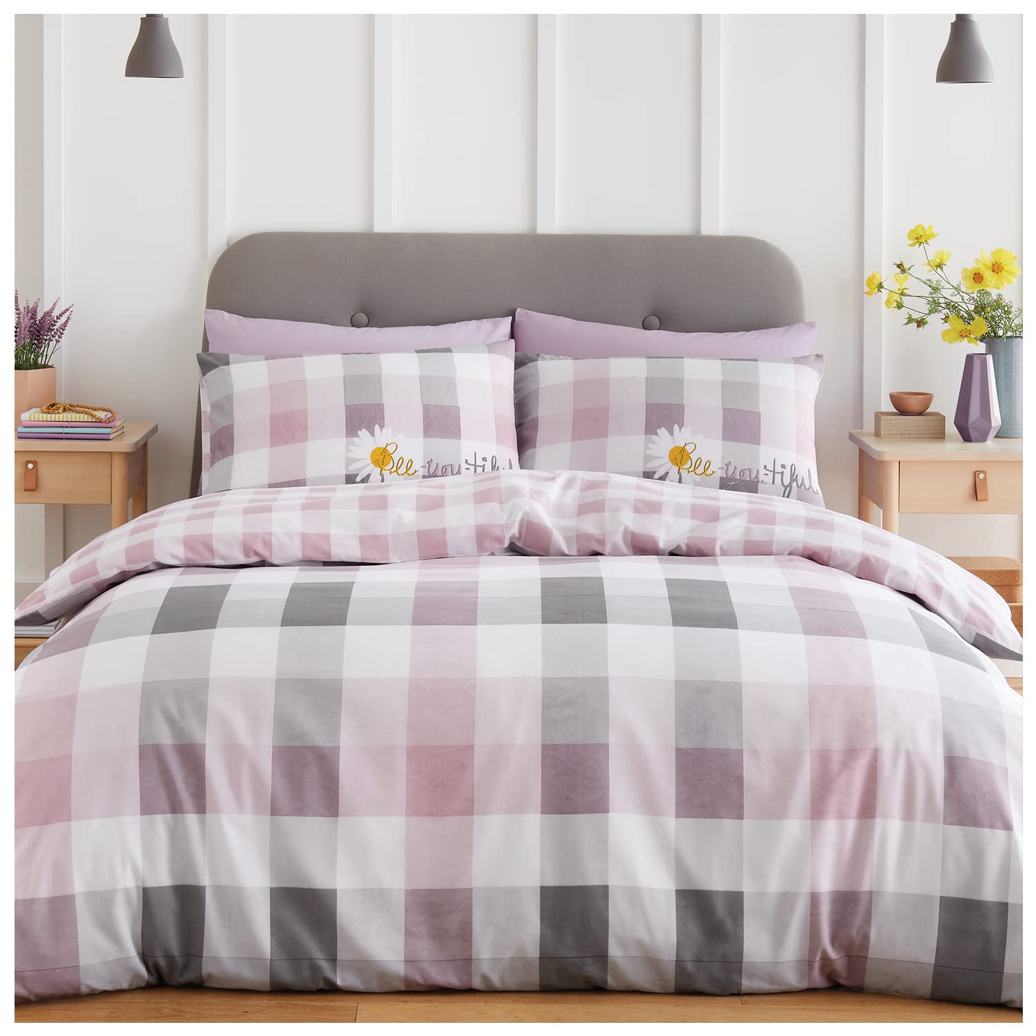 GC GAVENO CAVAILIA Premium Sunflower Duvet Covers, Poly Cotton Gingham Bedding Sets King Size, Machine Washable, Blush Pink