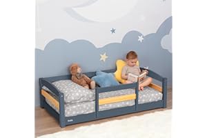 Ocodile Toddler Bed with Rails | Low Montessori Floor Bed Frame for Kids | Standard Crib Size Wooden Frame for Independent Toddlers 1-3 - Gray