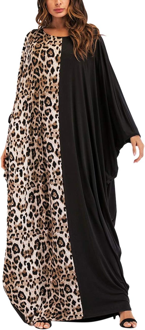 Zhhlaixing Women Kaftan Muslim Abaya Dress Dubai Robe - Leopard Print Causal Gown Islamic Clothing Middle East Costume Jalabiyas Caftan Dress Black