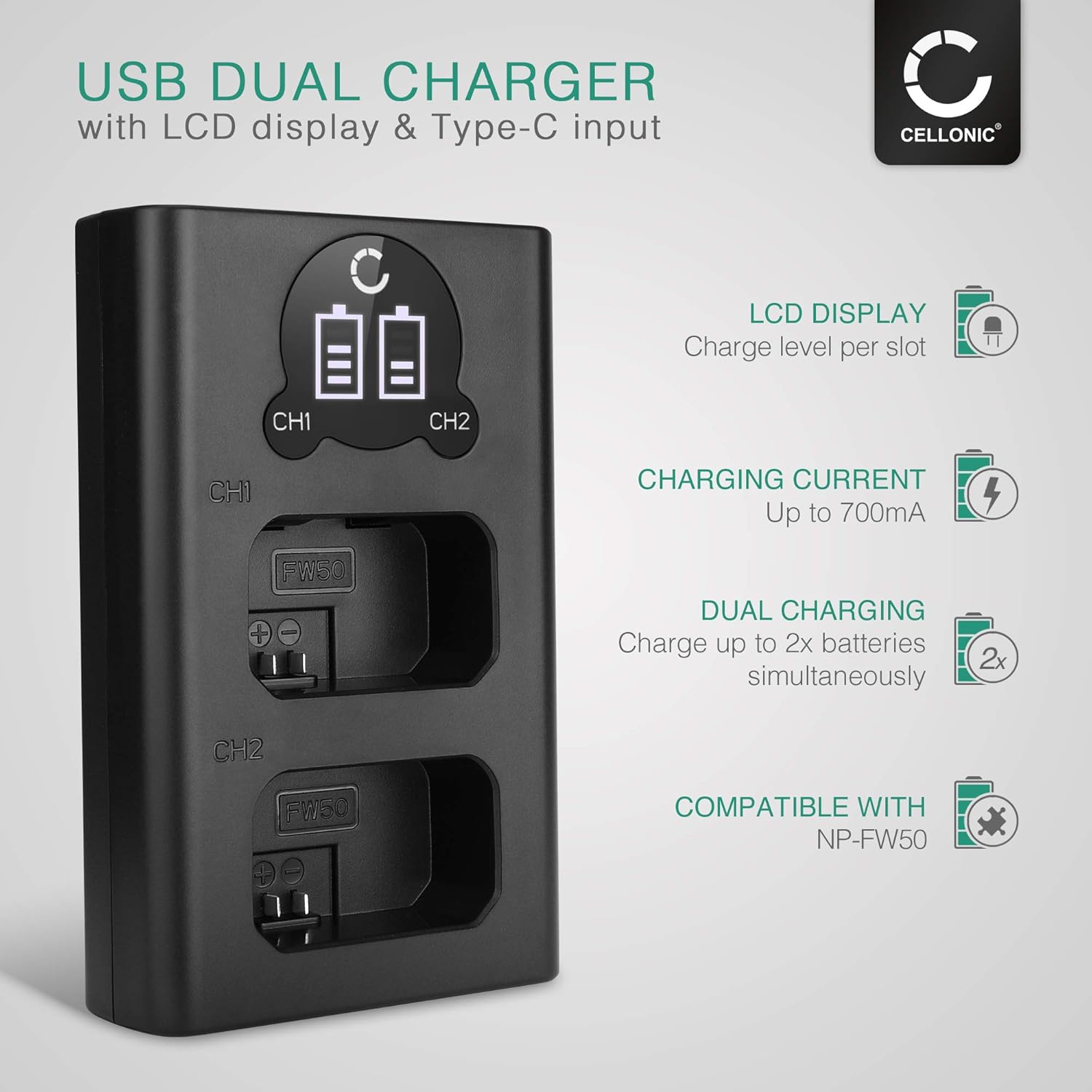 CELLONIC Smart & Fast NP-FW50 Dual Charger compatible with BC-VW1 USB Cable Charging Cable USB Power Supply - Image 3
